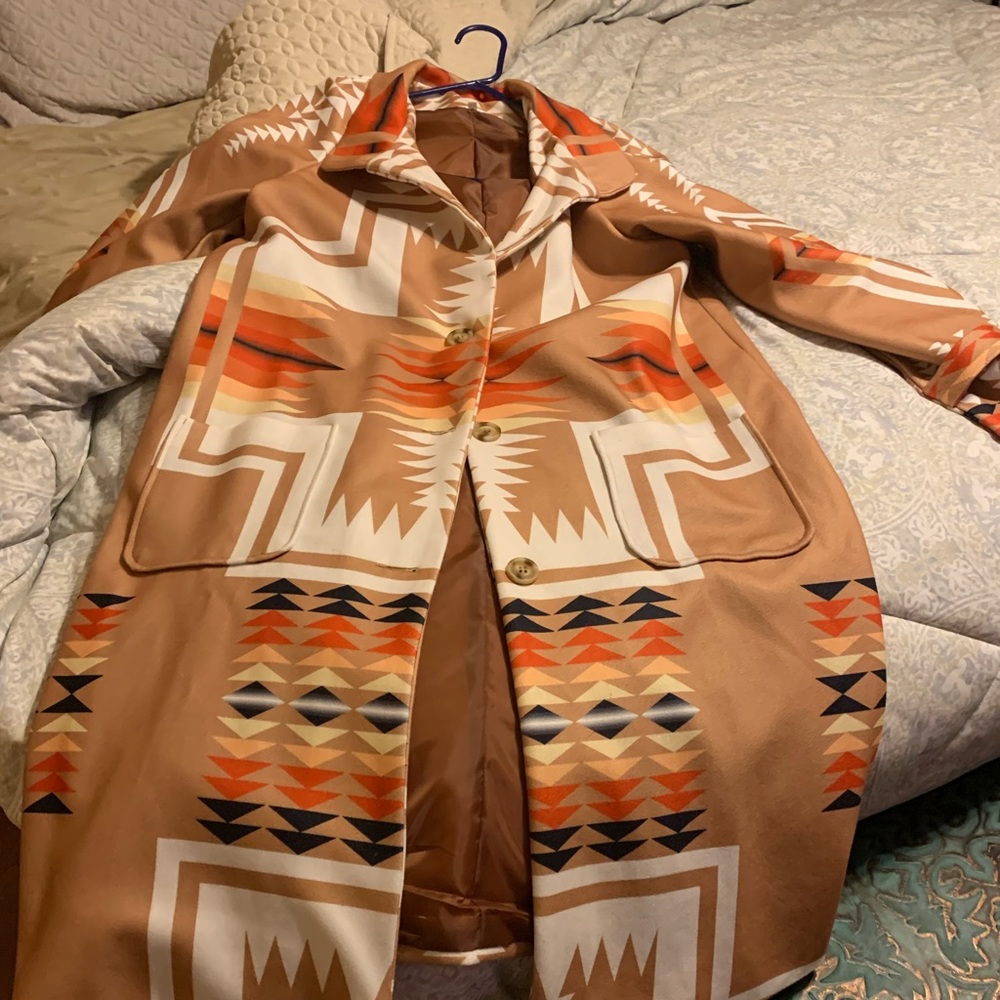 Brand new southwest tribal Trench coat never worn size large paid $140